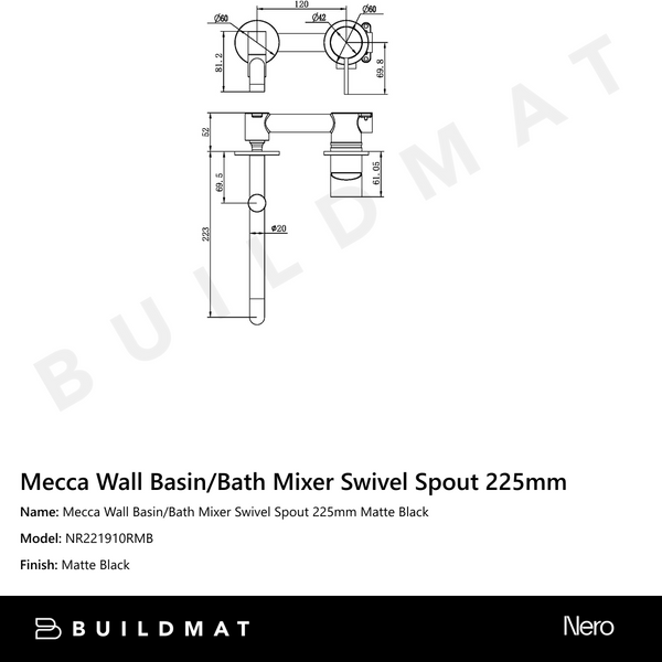 Nero Mecca Wall Basin/Bath Mixer Swivel Spout 225mm Matte Black