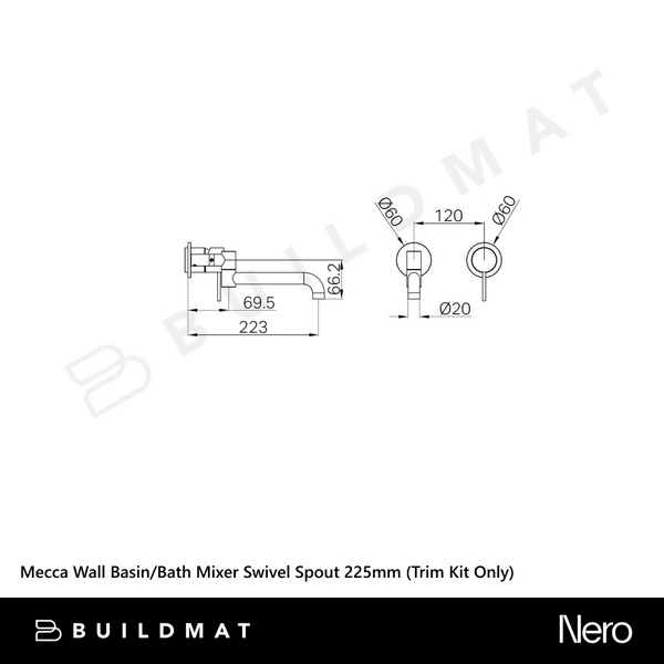 Nero Mecca Wall Basin/Bath Mixer Swivel Spout 225mm (Trim Kit Only) Matte White