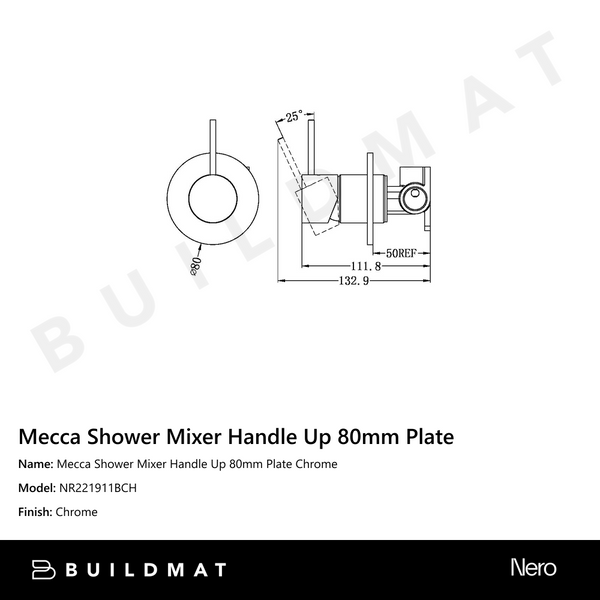 Nero Mecca Shower Mixer Handle Up 80mm Plate Chrome