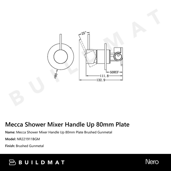 Nero Mecca Shower Mixer Handle Up 80mm Plate Gun Metal