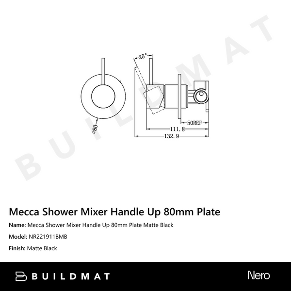 Nero Mecca Shower Mixer Handle Up 80mm Plate Matte Black