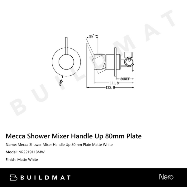 Nero Mecca Shower Mixer Handle Up 80mm Plate Matte White