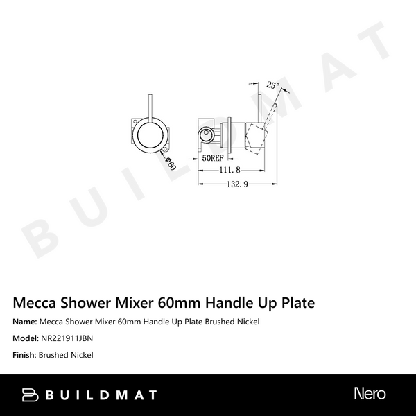 Nero Mecca Shower Mixer 60mm Handle Up Plate Brushed Nickel