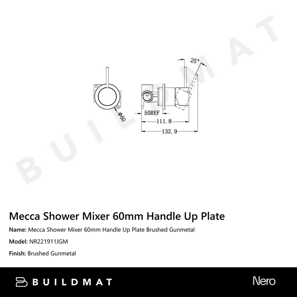 Nero Mecca Shower Mixer 60mm Handle Up Plate Gun Metal