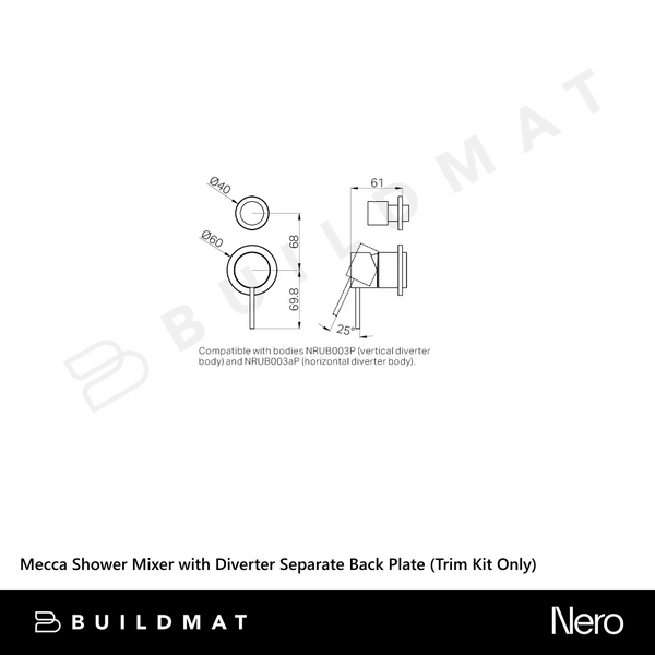 Nero Mecca Shower Mixer with Diverter Separate Back Plate (Trim Kit Only) Brushed Nickel