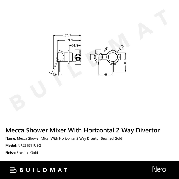 Nero Mecca Shower Mixer With Horizontal 2 Way Divertor Brushed Gold