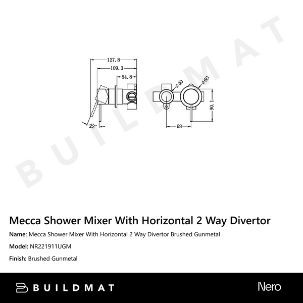 Nero Mecca Shower Mixer With Horizontal 2 Way Divertor Gun Metal