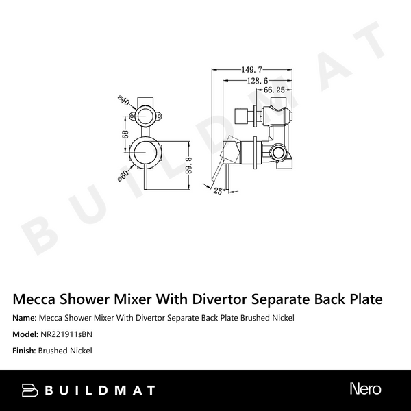 Nero Mecca Shower Mixer With Divertor Separate Back Plate Brushed Nickel