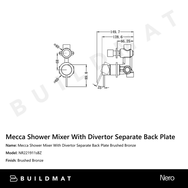 Nero Mecca Shower Mixer With Divertor Separate Back Plate Brushed Bronze