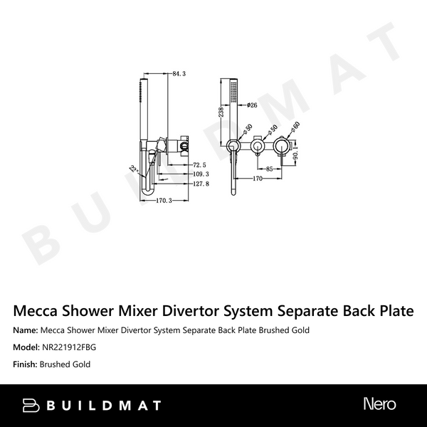 Nero Mecca Shower Mixer Divertor System Separate Back Plate Brushed Gold