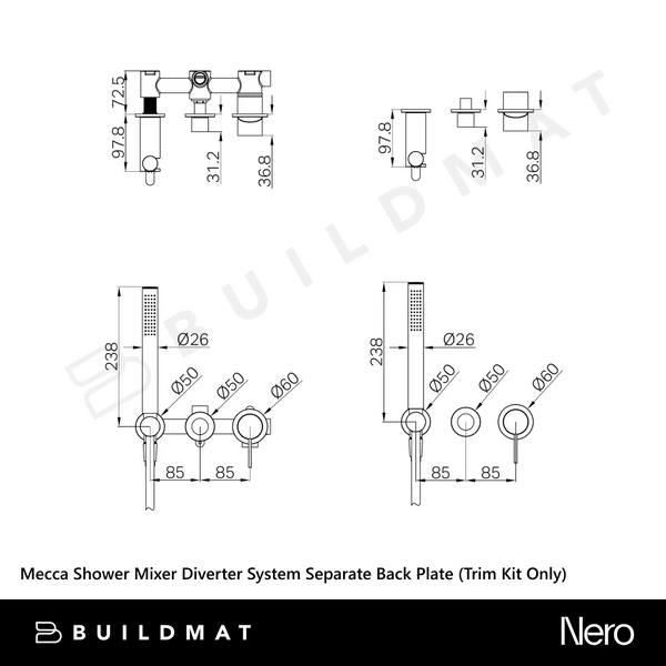 Nero Mecca Shower Mixer Diverter System Separate Back Plate (Trim Kit Only) Brushed Gold
