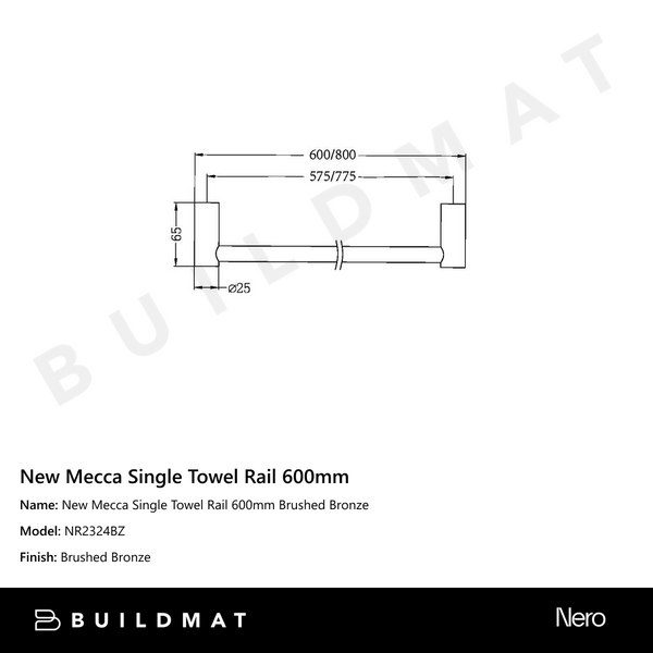 Nero New Mecca Single Towel Rail 600mm Brushed Bronze