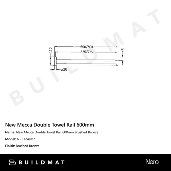 Nero New Mecca Double Towel Rail 600mm Brushed Bronze