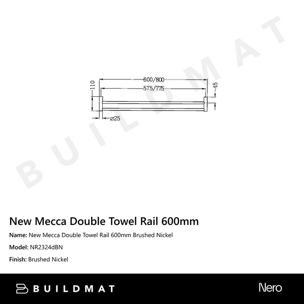 Nero New Mecca Double Towel Rail 600mm Brushed Nickel