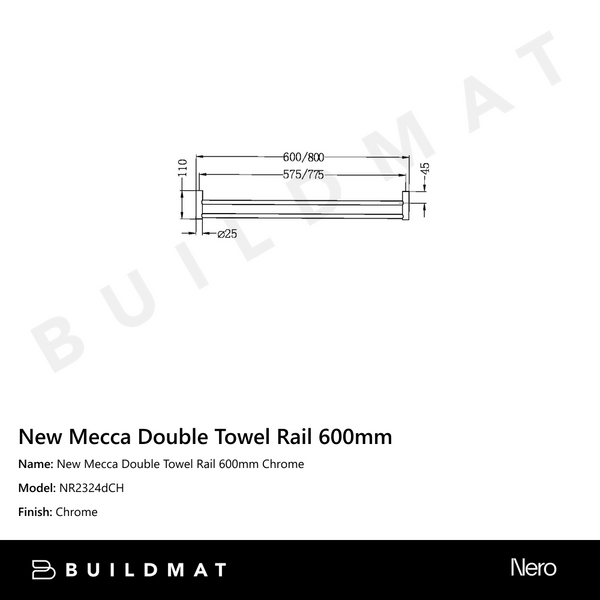 Nero New Mecca Double Towel Rail 600mm Chrome