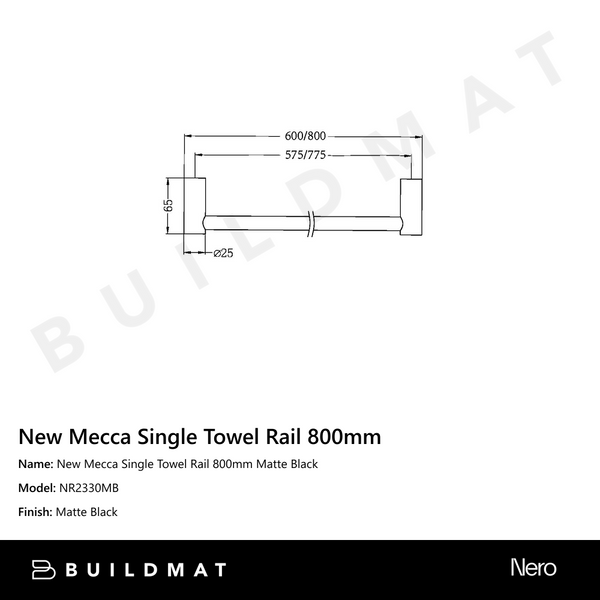 Nero New Mecca Single Towel Rail 800mm Matte Black