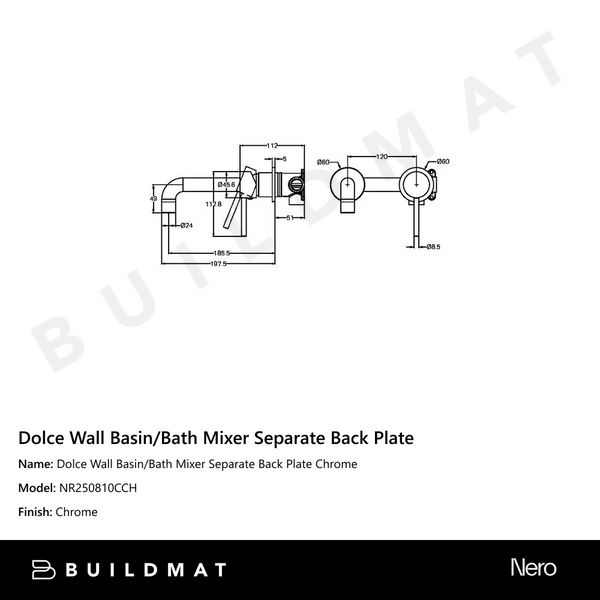 Nero Dolce Wall Basin/Bath Mixer Separate Back Plate Chrome