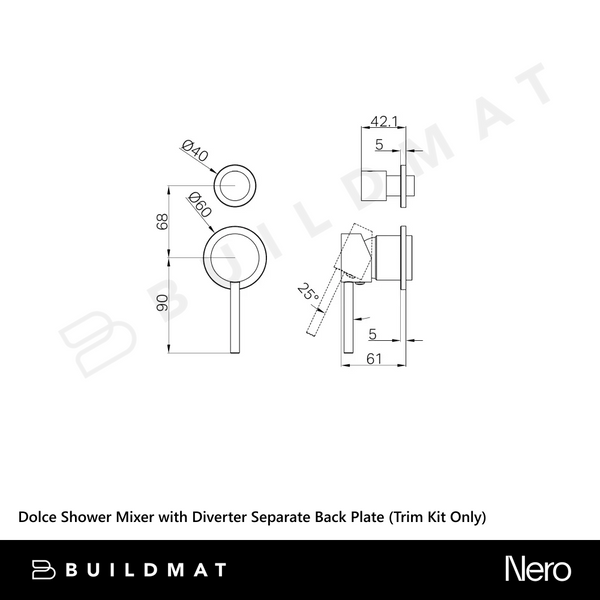 Nero Dolce Shower Mixer with Diverter Separate Back Plate (Trim Kit Only) Matte Black