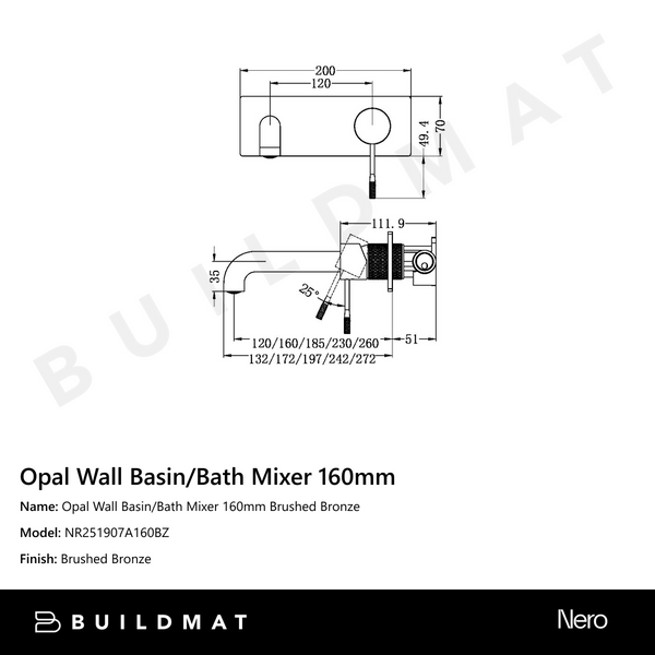 Nero Opal Wall Basin/Bath Mixer 160mm Brushed Bronze