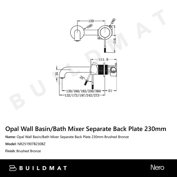 Nero Opal Wall Basin/Bath Mixer Separate Back Plate 230mm Brushed Bronze