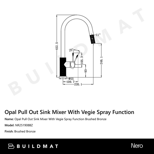 Nero Opal Pull Out Sink Mixer With Vegie Spray Function Brushed Bronze