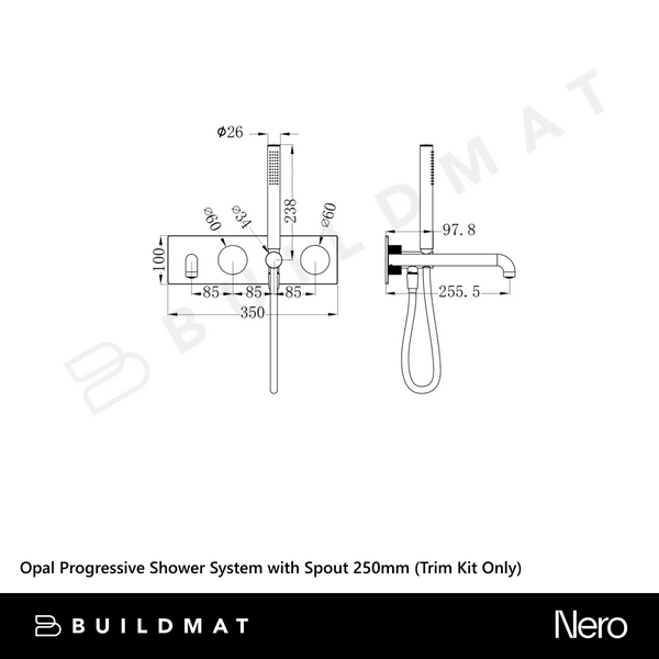 Nero Opal Progressive Shower System with Spout 250mm (Trim Kit Only) Graphite