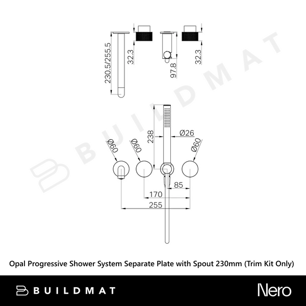 Nero Opal Progressive Shower System Separate Plate with Spout 230mm (Trim Kit Only) Brushed Gold