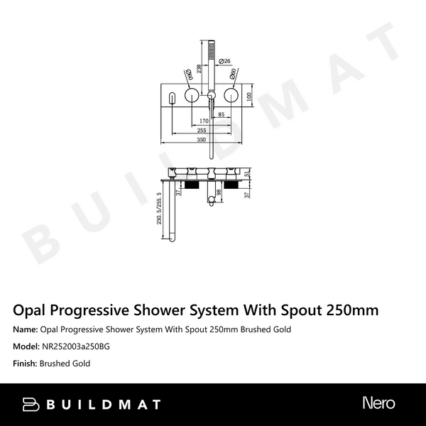 Nero Opal Progressive Shower System With Spout 250mm Brushed Gold
