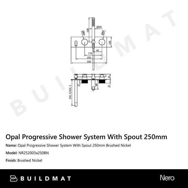 Nero Opal Progressive Shower System With Spout 250mm Brushed Nickel