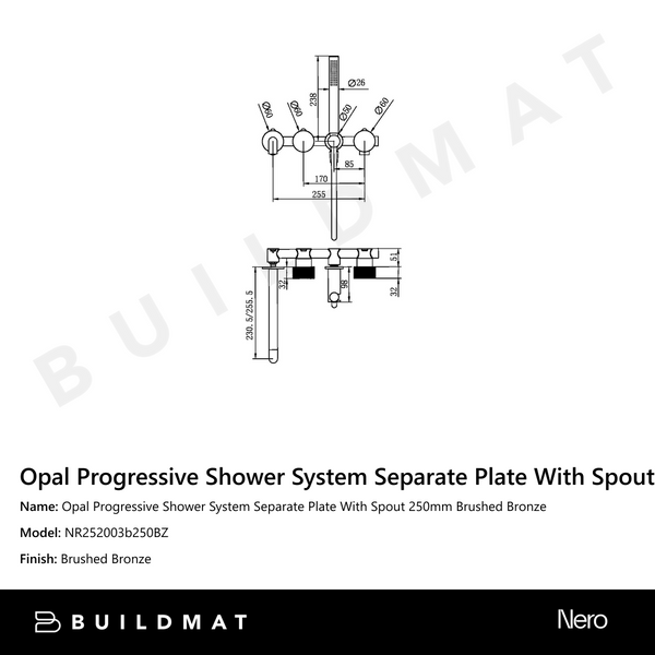 Nero Opal Progressive Shower System Separate Plate With Spout 250mm Brushed Bronze