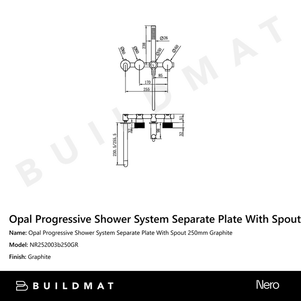 Nero Opal Progressive Shower System Separate Plate With Spout 250mm Graphite