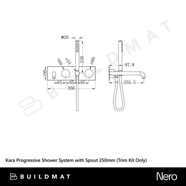 Nero Kara Progressive Shower System with Spout 250mm (Trim Kit Only) Brushed Nickel