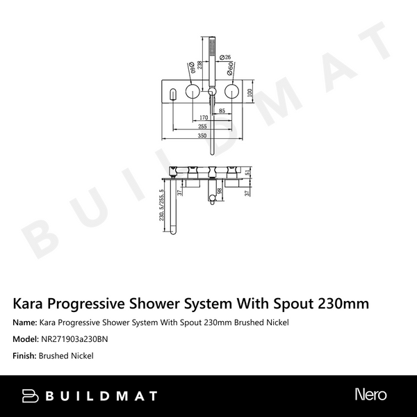Nero Kara Progressive Shower System With Spout 230mm Brushed Nickel