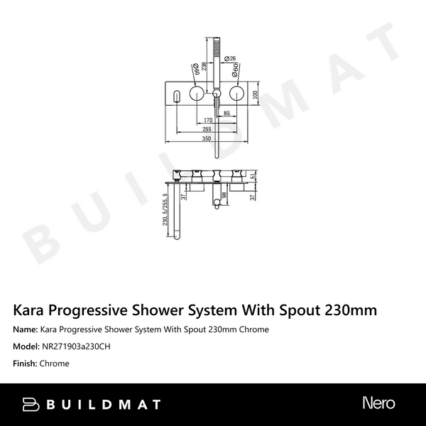 Nero Kara Progressive Shower System With Spout 230mm Chrome