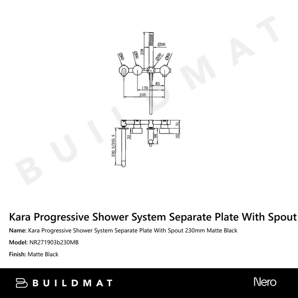 Nero Kara Progressive Shower System Separate Plate With Spout 230mm Matte Black
