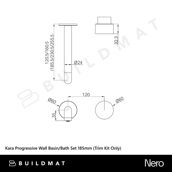 Nero Kara Progressive Wall Basin/Bath Set 185mm (Trim Kit Only) Brushed Gold