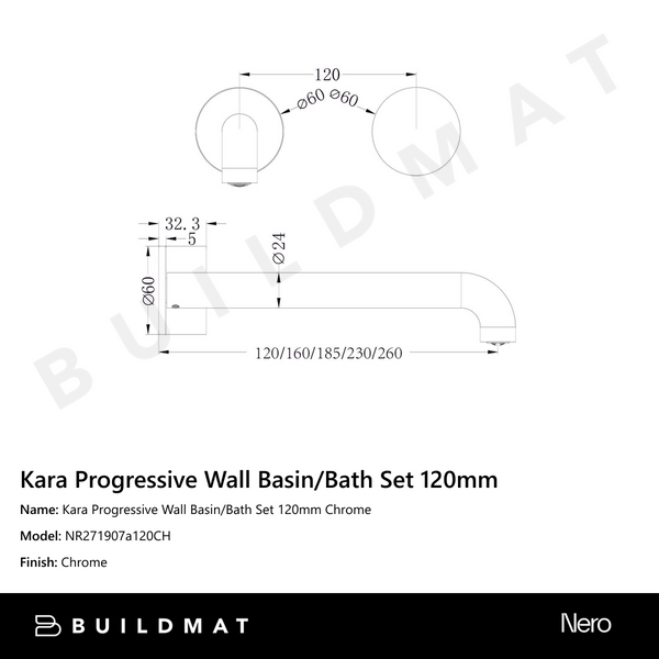 Nero Kara Progressive Wall Basin/Bath Set 120mm Chrome