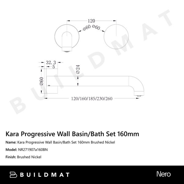Nero Kara Progressive Wall Basin/Bath Set 160mm Brushed Nickel