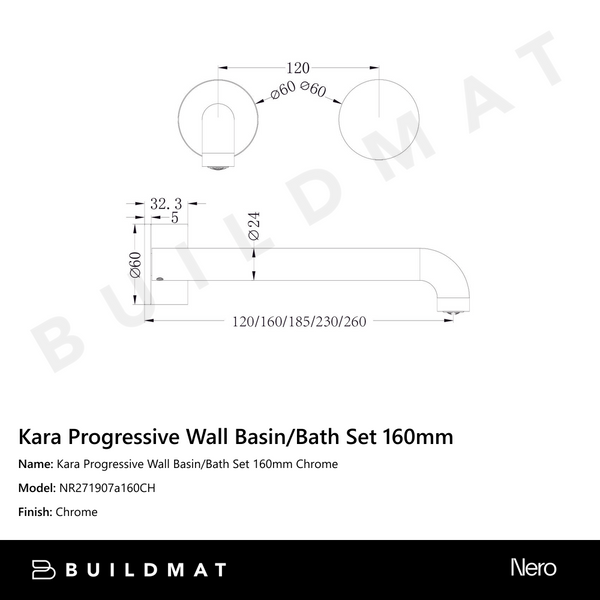 Nero Kara Progressive Wall Basin/Bath Set 160mm Chrome