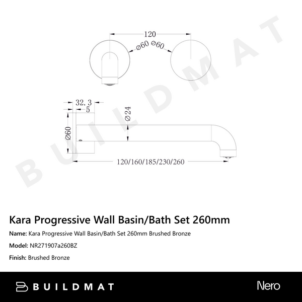 Nero Kara Progressive Wall Basin/Bath Set 260mm Brushed Bronze