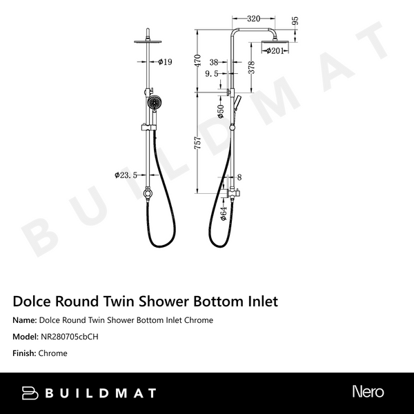 Nero Dolce Round Twin Shower Bottom Inlet Chrome