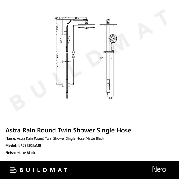Nero Astra Rain Round Twin Shower Single Hose Matte Black