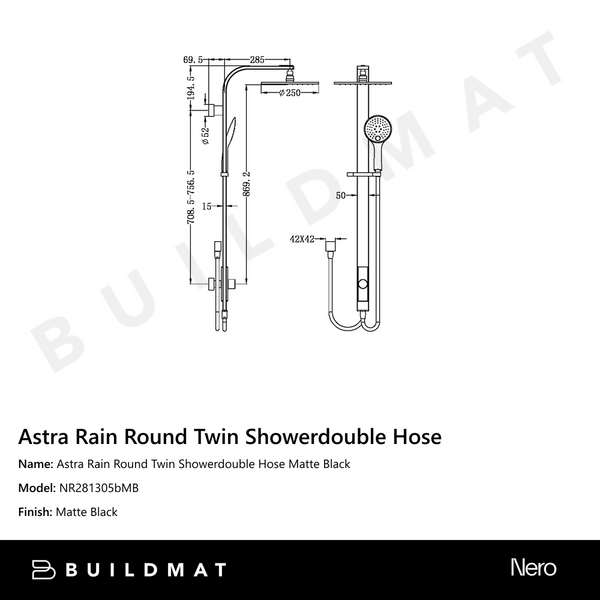 Nero Astra Rain Round Twin Showerdouble Hose Matte Black