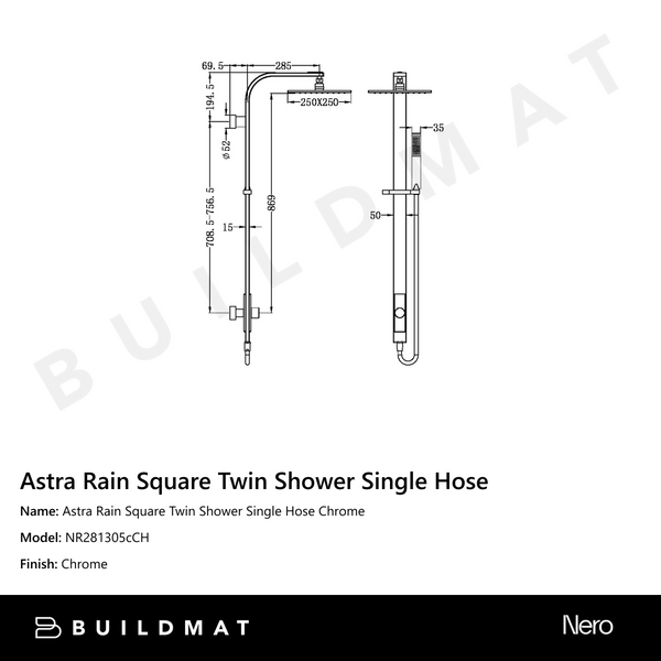 Nero Astra Rain Square Twin Shower Single Hose Chrome