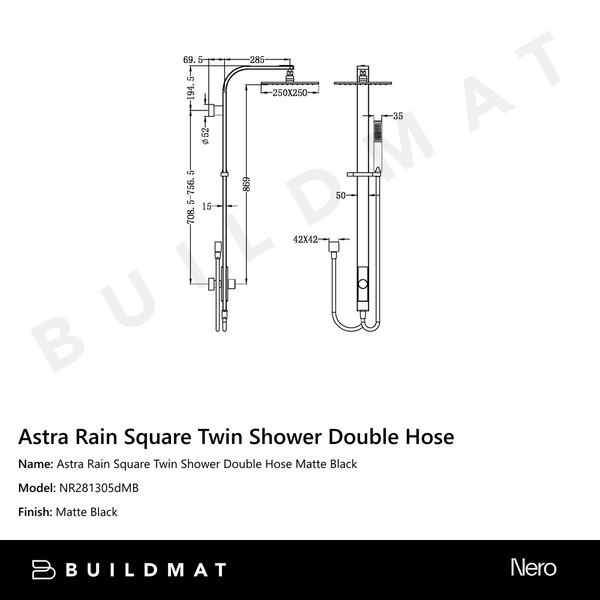 Nero Astra Rain Square Twin Shower Double Hose Matte Black