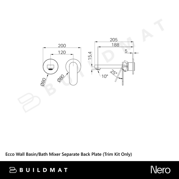 Nero Ecco Wall Basin/Bath Mixer Separate Back Plate (Trim Kit Only) Gunmetal