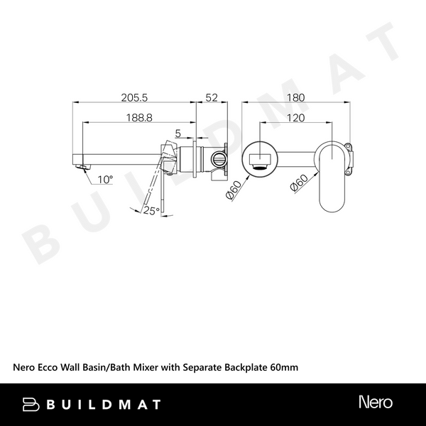 Nero Ecco Wall Basin/Bath Mixer with Separate Backplate 60mm Brushed Nickel