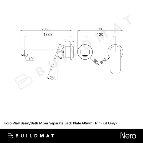 Nero Ecco Wall Basin/Bath Mixer Separate Back Plate 60mm (Trim Kit Only) Matte Black