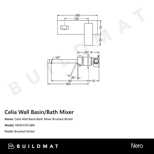 Nero Celia Wall Basin/Bath Mixer Brushed Nickel