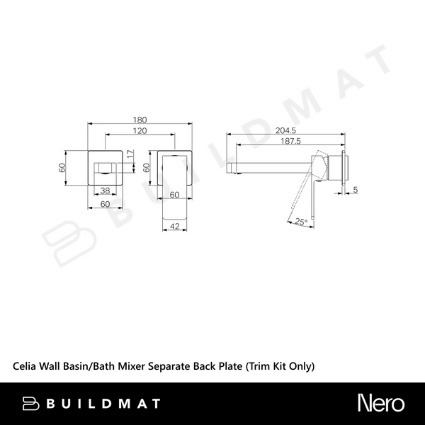 Nero Celia Wall Basin/Bath Mixer Separate Back Plate (Trim Kit Only) Brushed Nickel